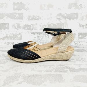 Me Too Naya Black Perforated Leather Ankle Buckle Wedge Espadrilles i 920